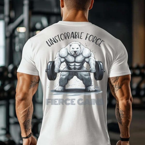Fierce Gains Gym Tee - Unstoppable Force Design Motivational Polar Bear Gym Tee