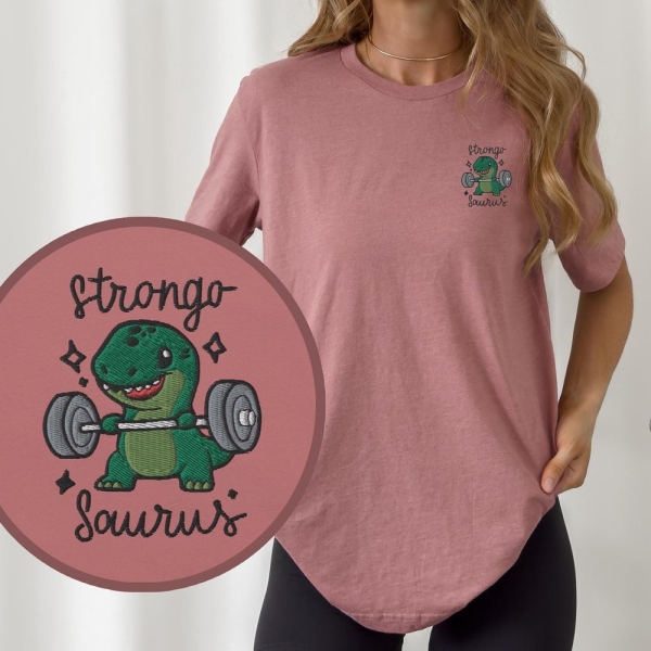 Strongosaurus Embroidery T-Shirt Cute Dino in the Gym | Bella Canvas 3001 | Funny Fitness Clothing Unisex | pump cover | Dinosaur Shirt