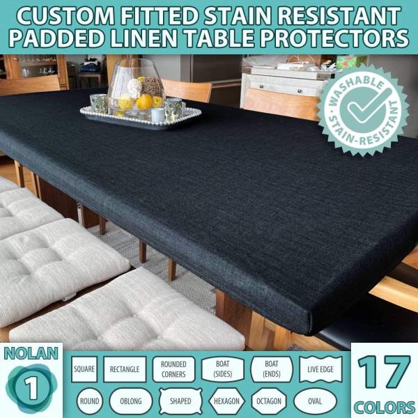 PADDED LINEN Tablecloth NOLAN Stain-Resistant Custom Size Fitted Rectangle Square Child Friendly Washable Handmade Table Cover Protector