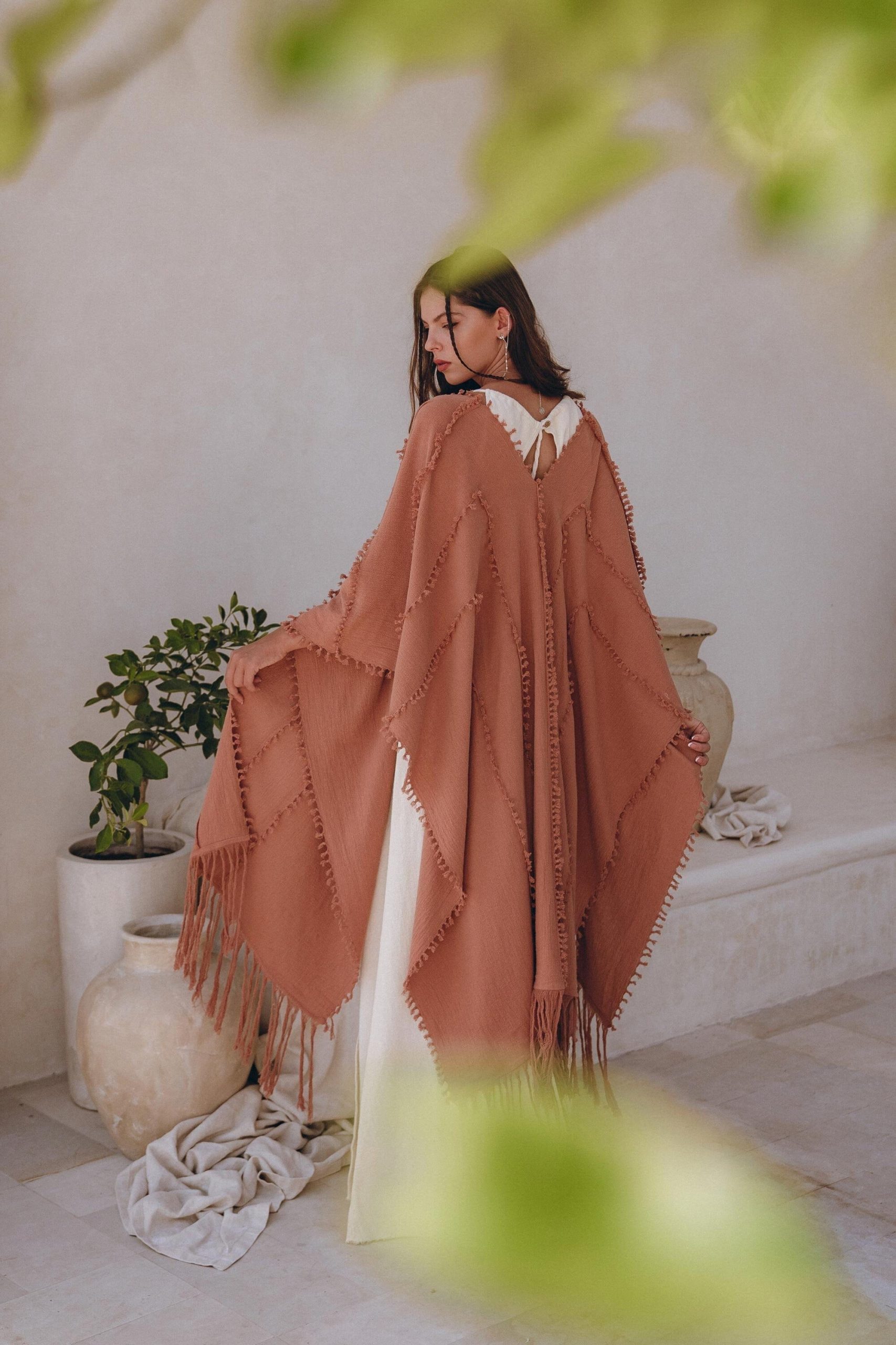 Pink Cotton Robe Handmade Bohemian Poncho Boho Cape