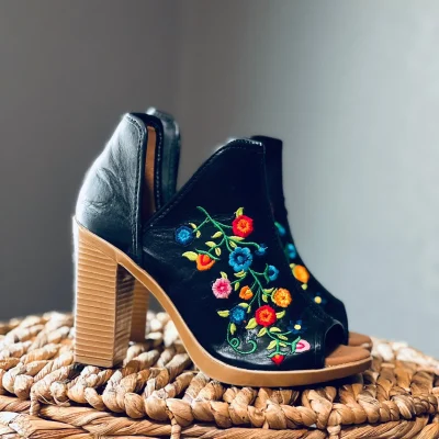 Leather Mexican Embroidery Open Toe Boots Mexican Style