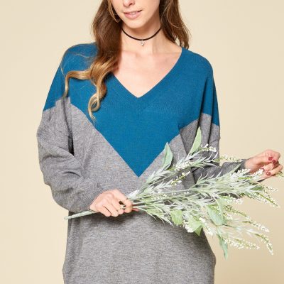Color Block V Neck Pullover Sweater: Soft Stretchy
