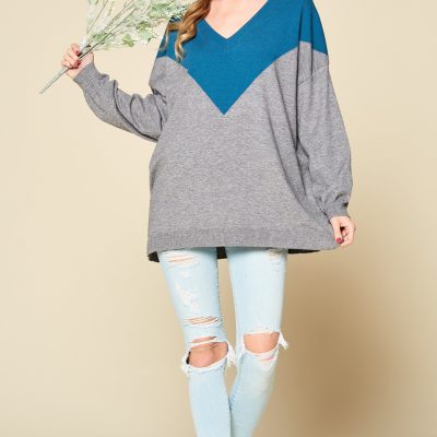 Color Block V Neck Pullover Sweater: Soft Stretchy