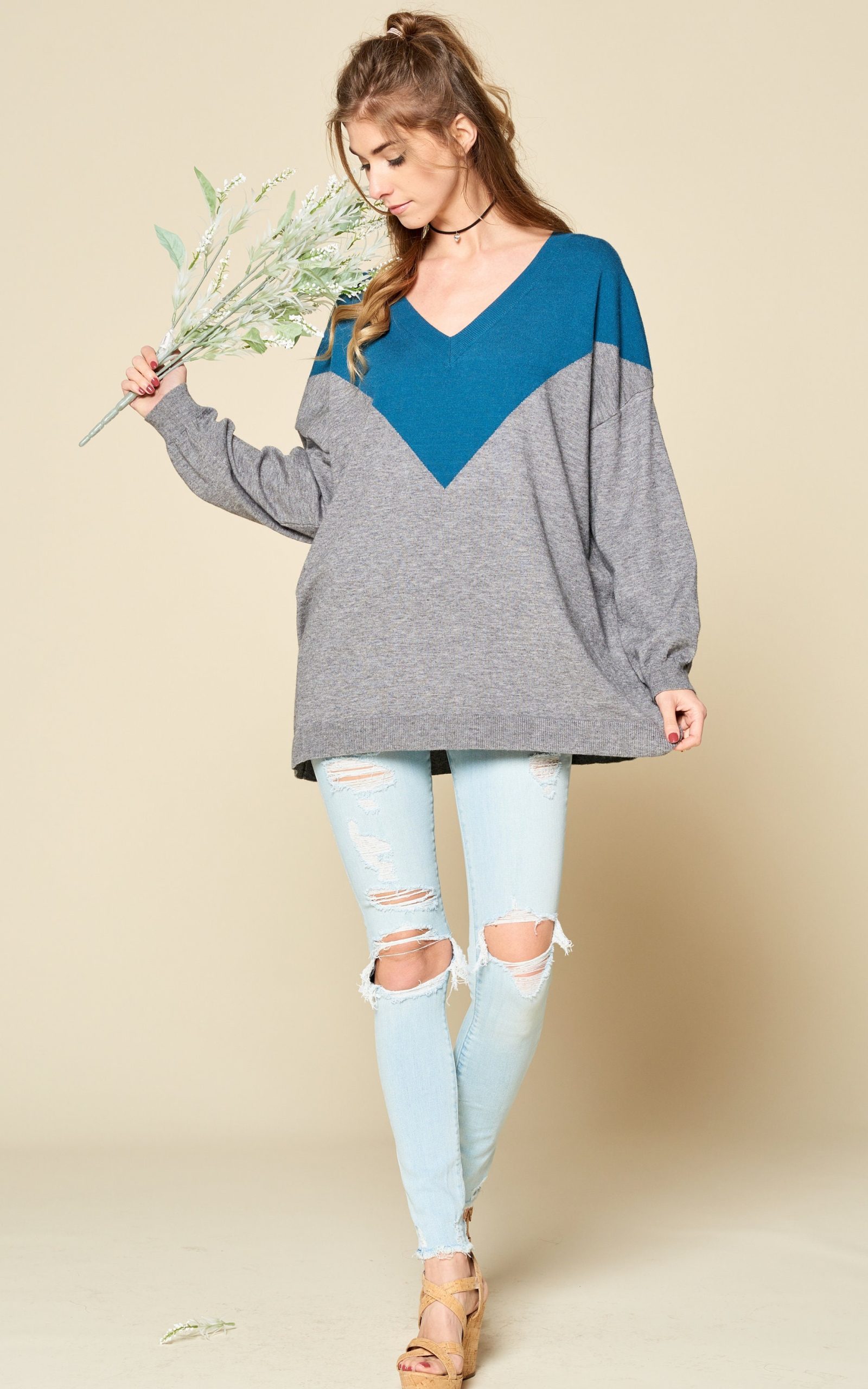 Color Block V Neck Pullover Sweater: Soft Stretchy