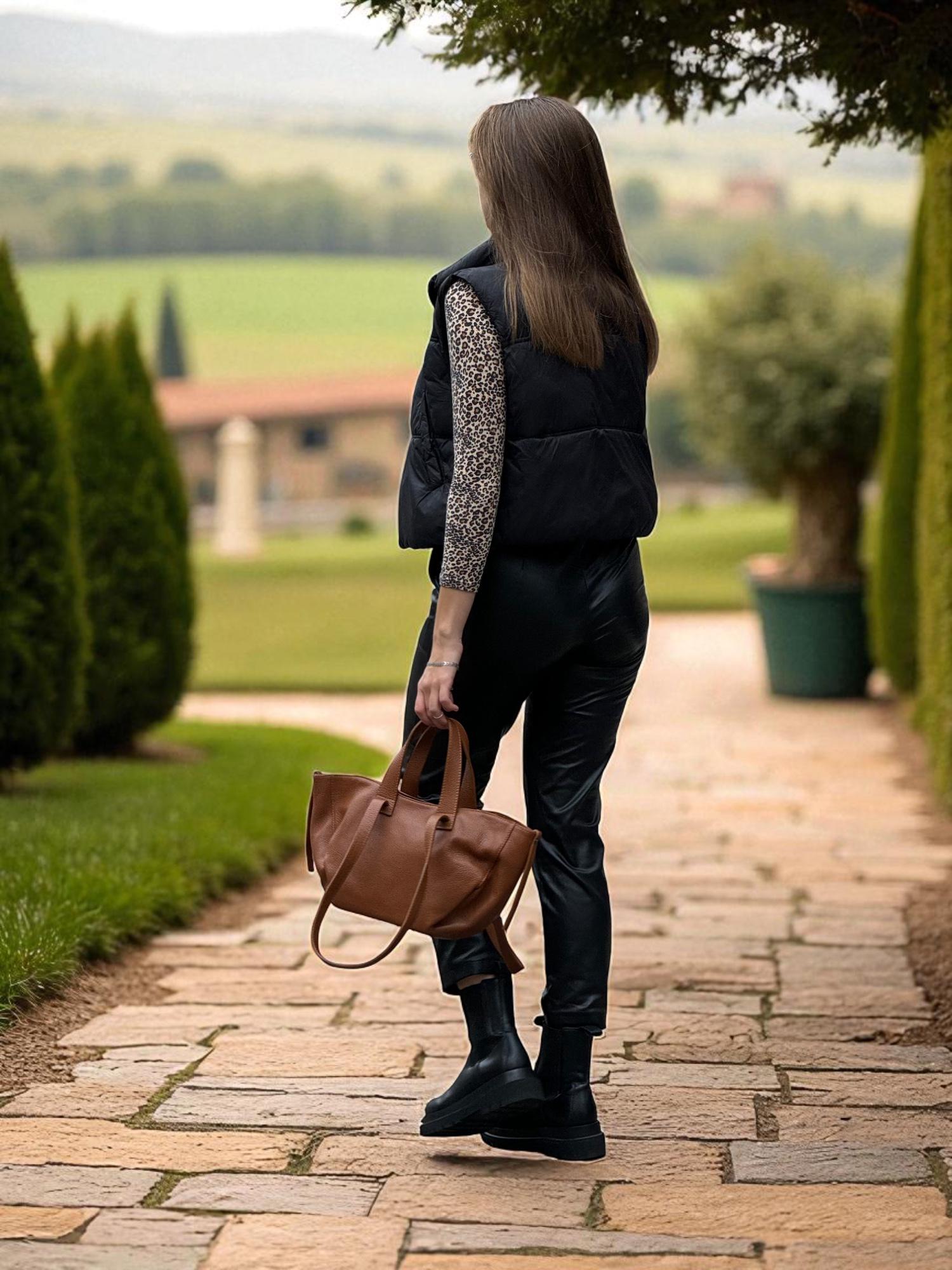 Large Leather Tote Cognac Brown Handmade Italian Shoulder